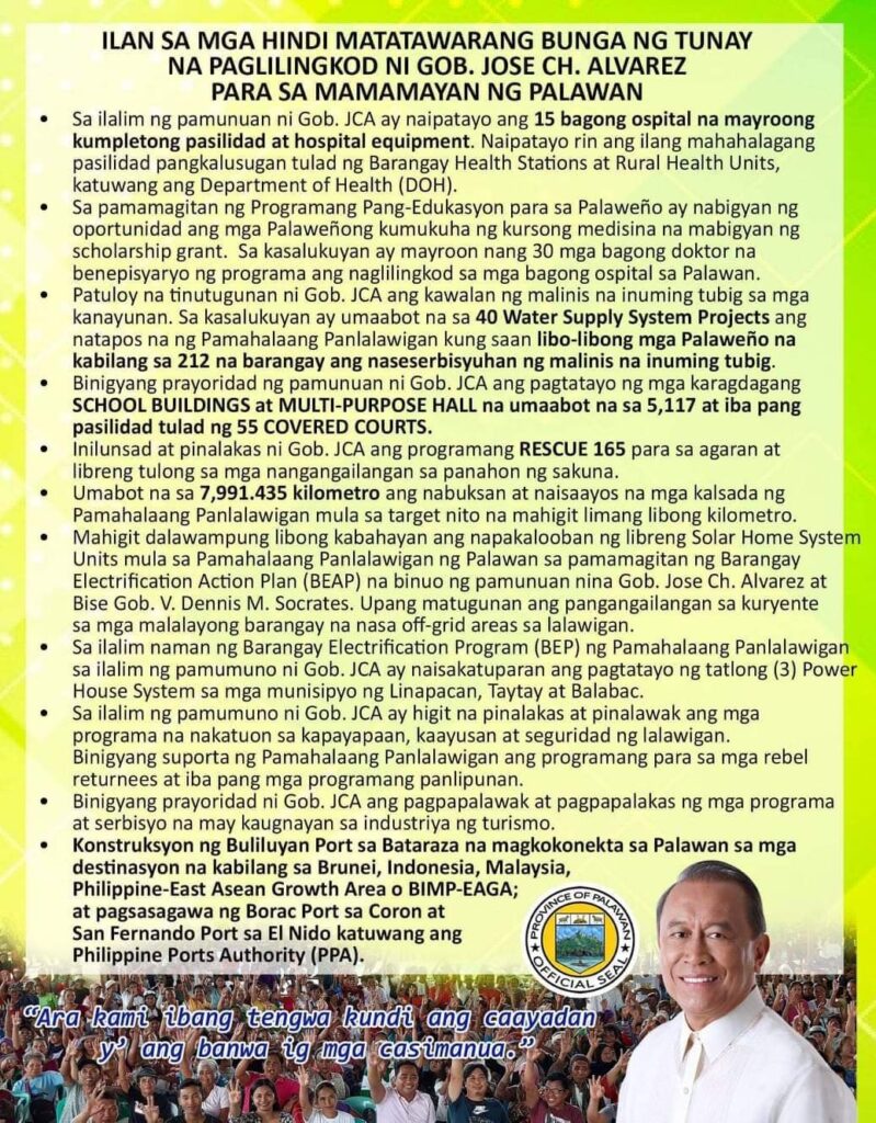 Palawan Governor Jose Chaves Alvarez accomplishments.