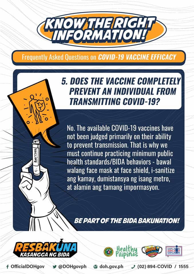 No. The available COVID-19 vaccines have not been judged primarily on their ability to prevent transmission. That is why we continue practicing minimum public health standards/BIDA behaviors