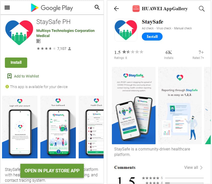 Staysafe PH app now available at Google Playstore, Apple app store, and Huawei AppGallery.