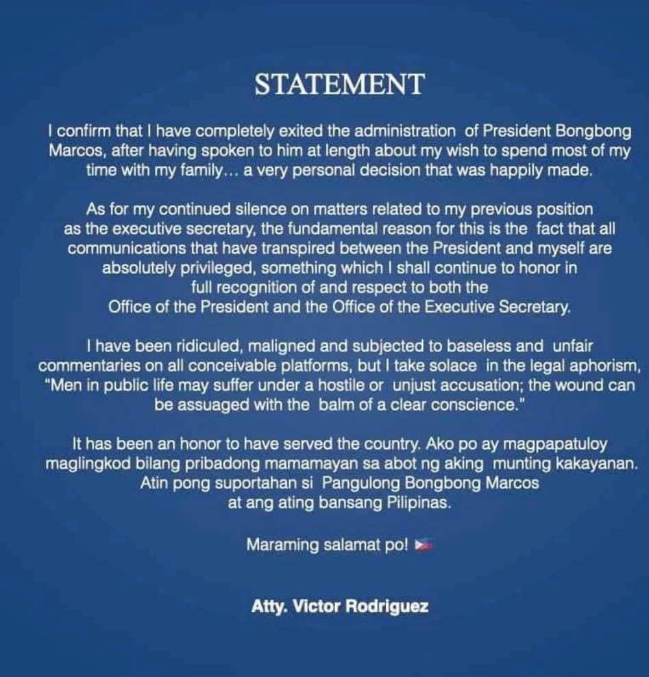 Atty. Victor Rodriguez's statement on his resignation.